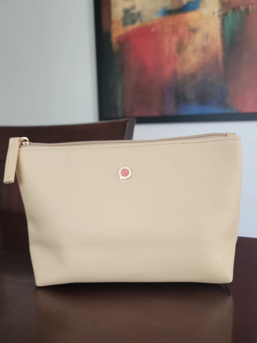 Bulgari Perfumes Beige Leather Cosmetic Pouch with Gold Accent